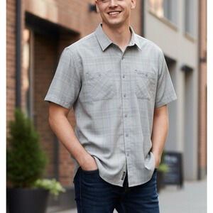 NWT Orvis Short Sleeve Tech Shirt Gray Button Up Plaid & Check Pocket Men's XL